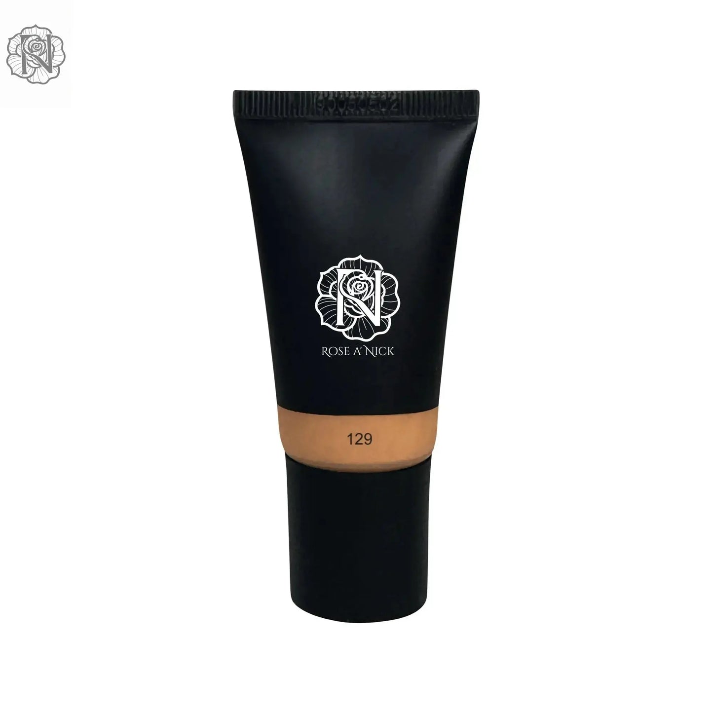 Black tube of foundation with a brand logo on a white background